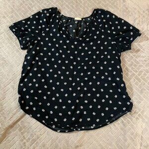 ANA A New Approach Womens Large Blouse Shirt Black Floral Short Sleeve V Neck